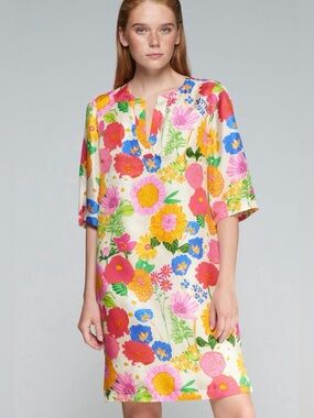 Vilagallo Lizete short dress 100% silk and multicolored floral print SZ US 10/12